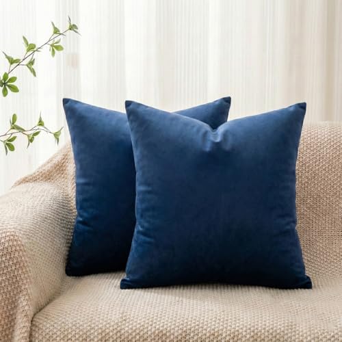 Q&J FABRIC CO. 2 Pack Velvet Decorative Throw Pillow Covers,Soft Square Cushion Case Solid 18x18 Inch Navy Blue Pillow Covers for Living Room Couch Bed Sofa Outdoor Home Decor
