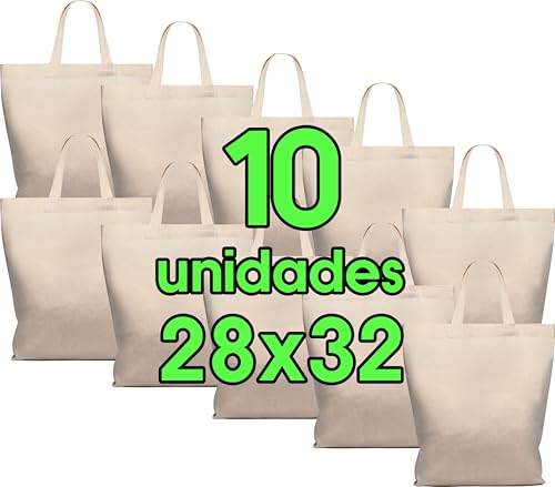 ELES VIDA Funda de algodón 28 x 32 cm 10 unidades - Yute bolsa Medio - Natural farmacia funda, hilo bolsa de regalo por Öko-Tex plástico sin texto impreso, corto Asa para pintar y Imprimir