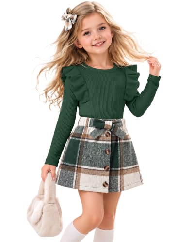 Joiceful Toddler Girl Plaid Skirts Outfits, 2-Color, 4T | Long Sleeve Ruffle Ribbed Knit Shirt, Bow Button A-Line Skirt Sets, Fall Family Photo Outfits, Cute Christmas Clothes