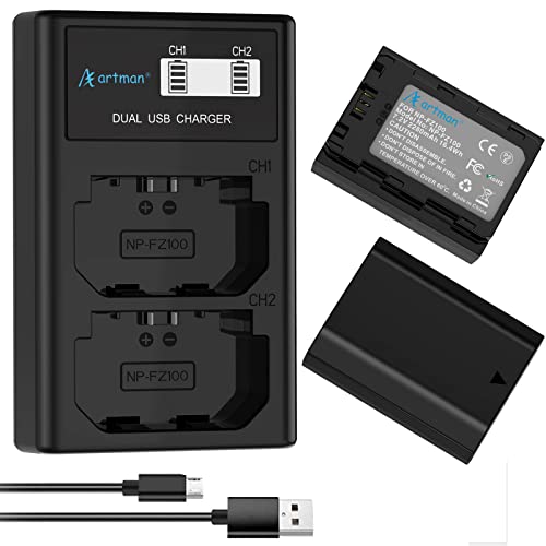 Artman NP-FZ100 NP FZ100 Battery and Dual LCD USB A7iii Battery Charger Compatible with Sony Alpha A7 III,A7R A7S III,A7R3,A7R IV,FX3,A9 Alpha 9,A9II,A9R,A9S,A6600 Camera(2-Pack,2280mAh)