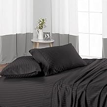 Cotton Sheets Set 4 Piece, 100% Egyptian Cotton 600 Thread Count, Fitted Sheets fitt Upto 6 Inch Deep Pocket, Crisp Cool and Strong Bed Linen Set- Dark Grey Stripe Full XL Size