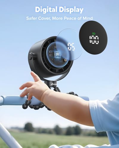 Image of AMACOOL Baby Stroller Fan, Rechargeable Portable Clip on Fan, 17H Cooling | LED Display, 360Rotate, 5 Speeds Personal Cooling Fans for Car Seat, Crib, Travel, Camping, Baby Essentials Registry Gifts