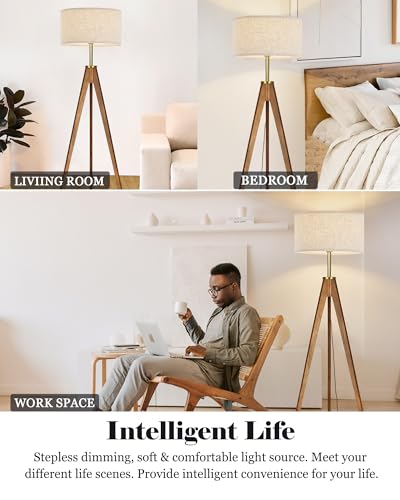 Image of ELYONA Floor Lamp for Living Room, Solid Ash Wood Tripod Floor Lamp with Remote Control, Stepless Dimmable Standing Lamp for Bedroom, Office, Tall Lamp with Linen Shade, Mid Century Modern & Farmhouse