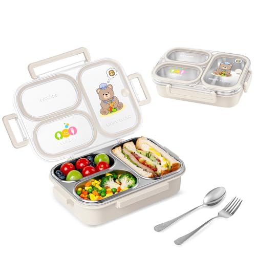 SAYAPE Stainless Steel Bento Lunch Box for Kids, 26.4 oz Leak-Proof 3-Compartment Metal Bento Box, BPA-Free, Cute Cartoon Meal Prep Snack Container...