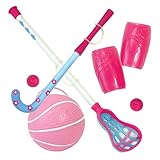 Sophia's Six-Piece Lacrosse, Field Hockey, & Basketball Sports Equipment Playset with Elastic Straps for 18 Dolls, Hot Pink