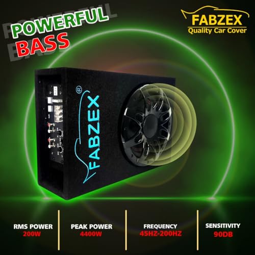 Image of 8 inch Car Active Under-Seat Car Subwoofer, 200W RMS Powered Bass Tube with Built-in Amplifier, Compact Slim Design - Black with Blue Logo