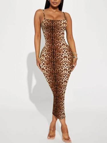 Image of Women's Midi Bodycon Tight Dress - Spaghetti Strap Summer Casual Leopard Cheeath Print Club Party Long Fitted Slip Dresses