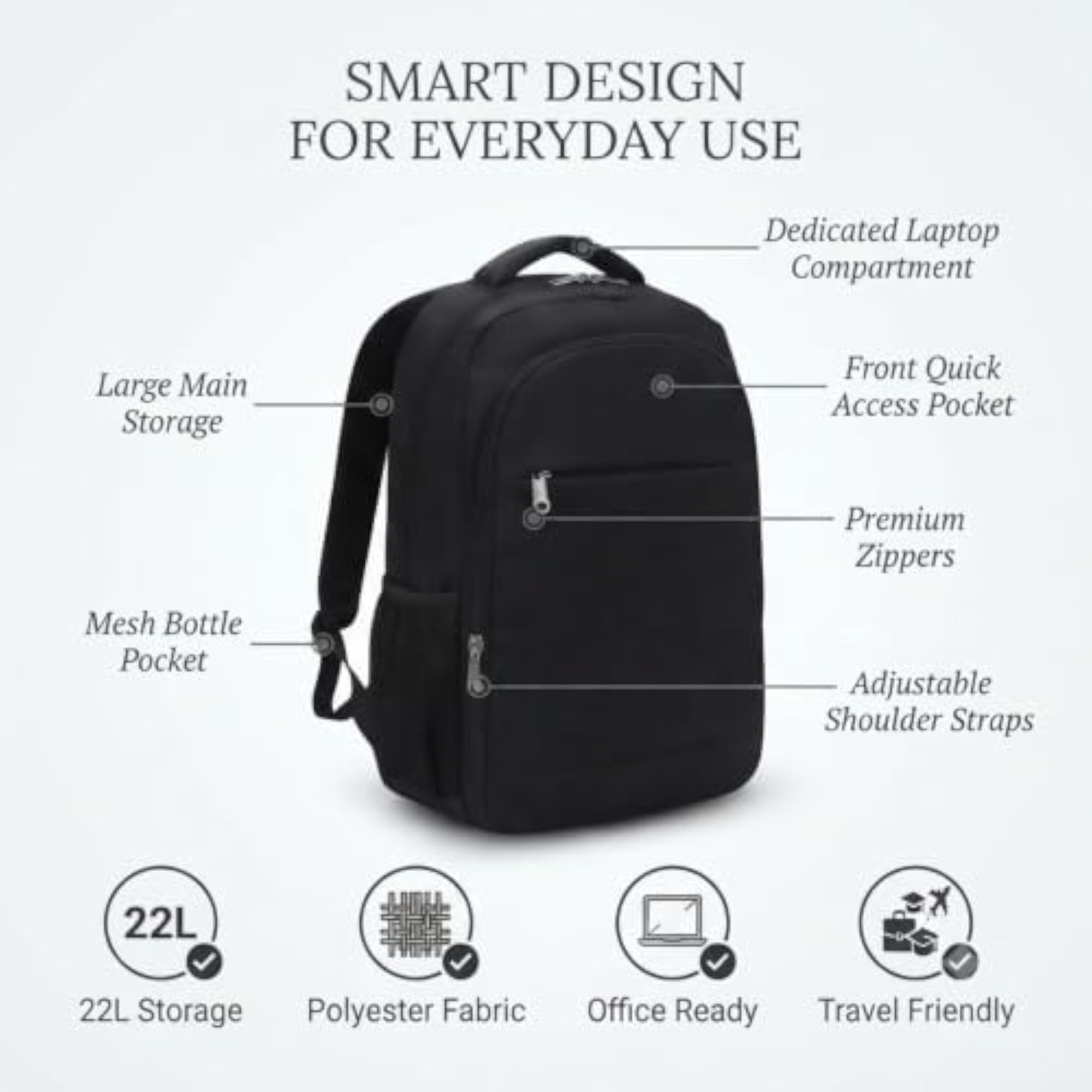 Men's & Women's 22L Water-Resistant Laptop Backpack, Fits 15.6 Inch