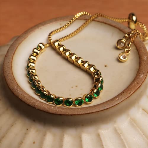 Agriajun Emerald Green Tennis Bracelet For Women Girls - Cute Dainty Thin Gold Chain Adjustable Box Chain - Fashion Sparkly Cubic Zirconia Cz Rhinestone Birthstone Prom Jewelry Gift #TOP4