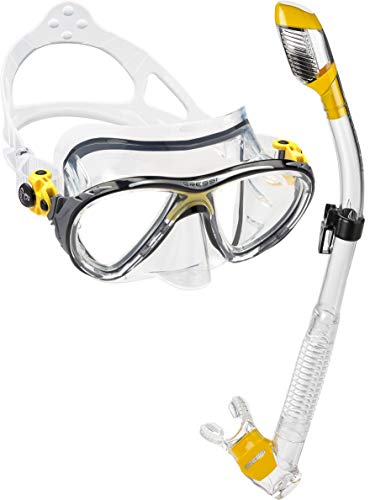 Cressi Italian Made Big Eyes Evolution Scuba Snorkeling Dive Mask, with Premium Sry Top Snorkel Set, Clear/Yellow