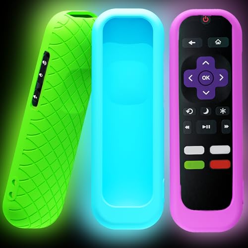 3 Pack Remote Cover for Roku TV Remote Control Battery Cover for TCL Hisense Roku TV Steaming Stick 4k 4K+ Roku Voice Remote Universal Silicone Sleeve Case with Glow in The Dark (Blue/Green/Purple)