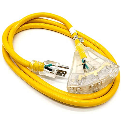 6-ft 12/3 Heavy Duty 3-Outlet Lighted SJTW Indoor / Outdoor Extension Cord by Watt's Wire - Short 6' 12-Gauge Grounded 15-Amp Power-Cord (6 Foot 12-Awg)