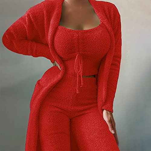 Trendy Fall Clothes For Women, Faux Fur Lined Jacket Womens Vests Outerwear Women's Winter Casual Solid Color Drawstring Plush Coat Vest Long Pants 3-Piece Pajama Suit Bear Ears (Red,Medium) #TOP1