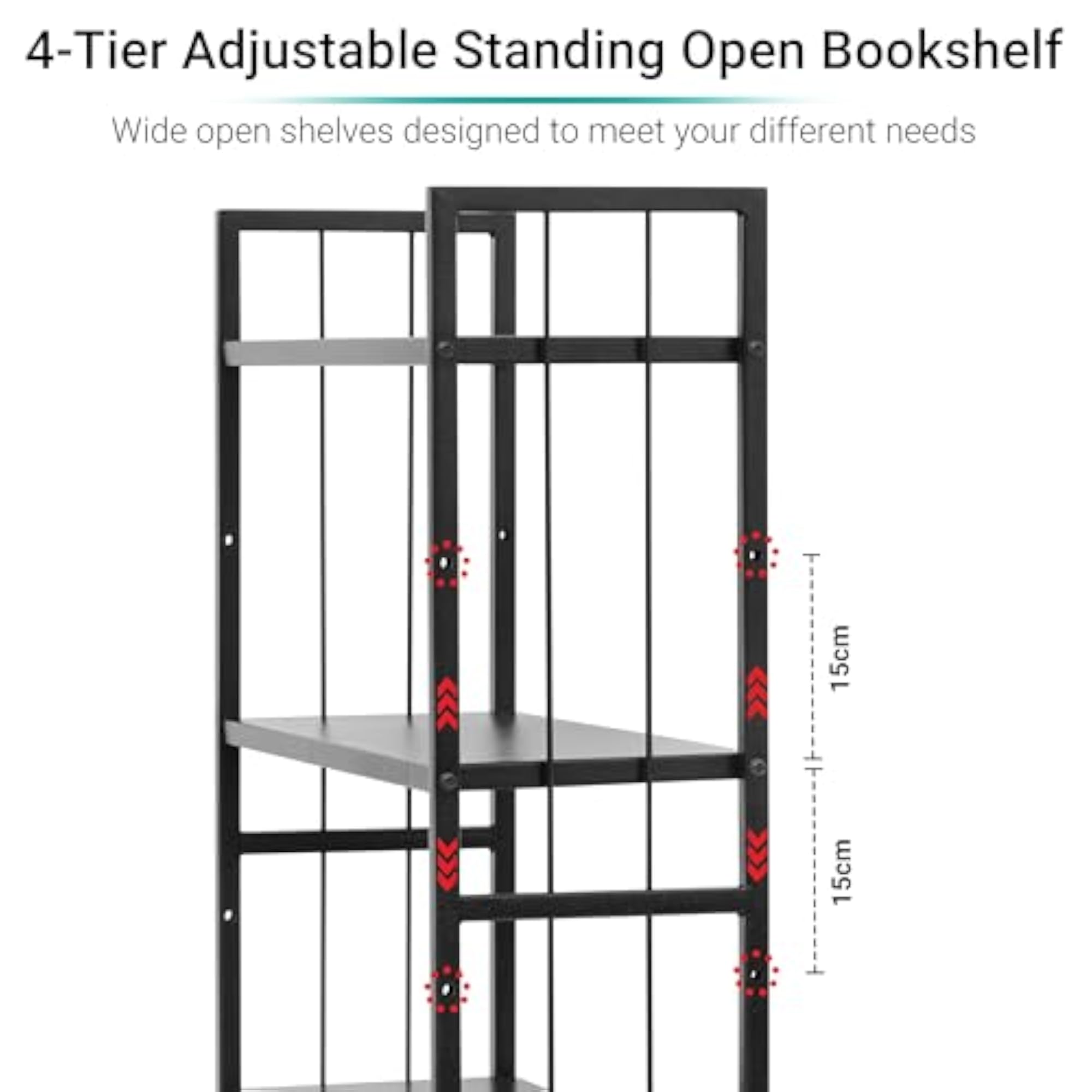 4 Tier Height Adjustable Metal Bookshelf, Open Design