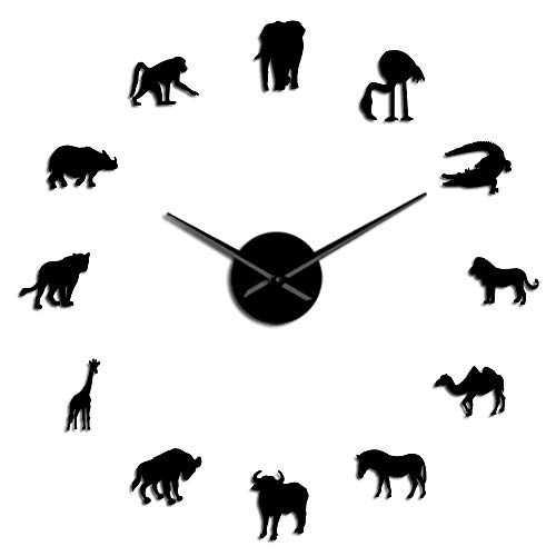 VCS African Animals Silhouette Wall Stickers African DIY Wall Art Large Wall Clock Safari Wildlife Animal Giant Wall Decor Clock(Black,47in)