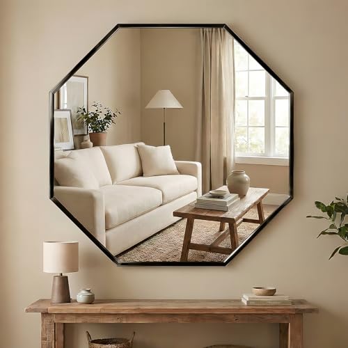 brisafe 24" Octagon Wall Mirror, Peel and Stick Mirror for Wall, No-Drill Adhesive Non-Glass Decorative Geometric Mirror for Entryway, Living Room, Meditation Room, Home, Hallway, Black Frame
