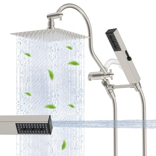 Hibbent All Metal cUPC Certified Shower Head, 10'' High Pressure Rainfall Showerhead Combo, Handheld Shower Wand, 12'' Adjustable Extension Arm, 4-Spray, 71'' Hose, Shower Holder, Brushed Ni