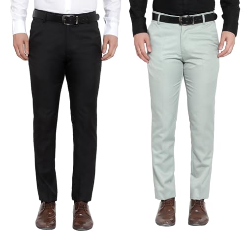 Image of The PS Men's Formal Regular Fit Cotton Blend Black, Dark Grey Combo Trouser (Pack of 2)