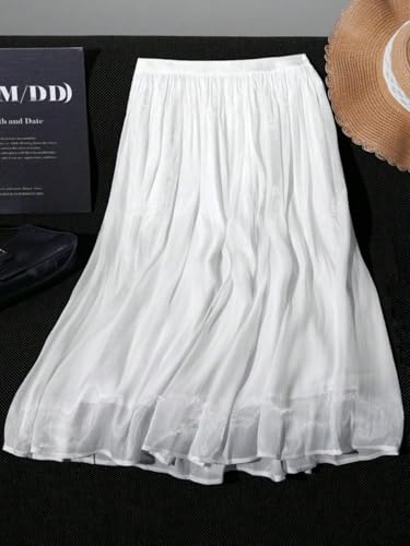 Women's Elegant Pleated Midi Skirt High Waisted A Line Flowy Swing Boho Long Beach Elastic Waist Summer White Skirts4