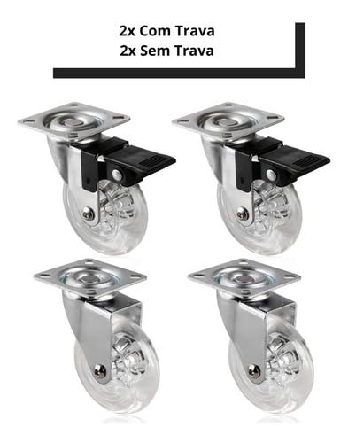 Kit 4 Rodinhas Rodízio Gel Giratórias 50mm para Armários e Móveis Mdf Duas com Trava e Duas Sem