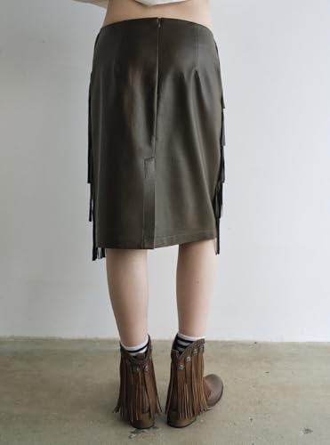 Women’s PU Straight Knee-Length Fringe Skirt Low-Rise Style4