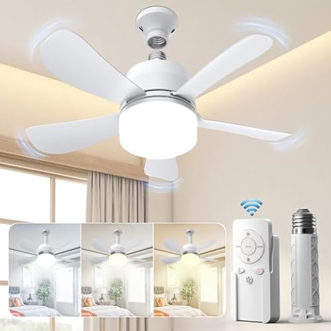 Socket Ceiling Fans with Lights and Remote- Socket Fan light with Dimmable Led Light Bulb, 3 Colors 3000K-6000K, 1000 Lumens, E26 Screw in Small Ceiling Fan for Bedroom Living Room Kitchen Garage Cover