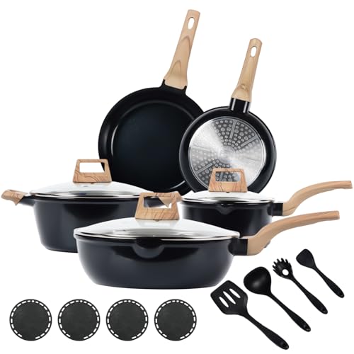 FDN 16Pcs Titanium Pots and Pans Set,Toxic-Free Cookware Set, Dishwasher & Oven Safe, Induction Compatible with Bakelite Wood Grain Handle, Compact and Durable