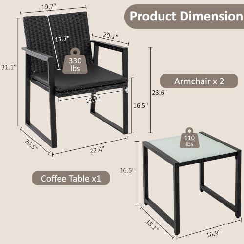 Image of Shintenchi 3 Pieces Wicker Patio Bistro Sets, Rattan Patio Conversation Set with Coffee Table, Outdoor Wicker Furniture Set for Lawn, Garden, Balcony (Black)