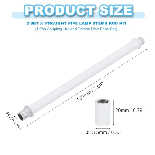 Image of PATIKIL Straight Pipe Lamp Stems Rod Kit, 2 Set M10 Carbon Steel 180mm(7.09 inch) Long Double End Thread Rod with Coupling Nuts Sleeve Connector for Table Lamps Chandeliers,White