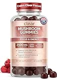 Clear Mushroom Gummies, Lions Mane, Reishi, Cordyceps, Chaga 10:1 Extract (Raspberry Flavor) - 2500mg 10 Mushroom Focus Gummies for Brain Health, Memory, Calm Energy, 3rd Party Tested