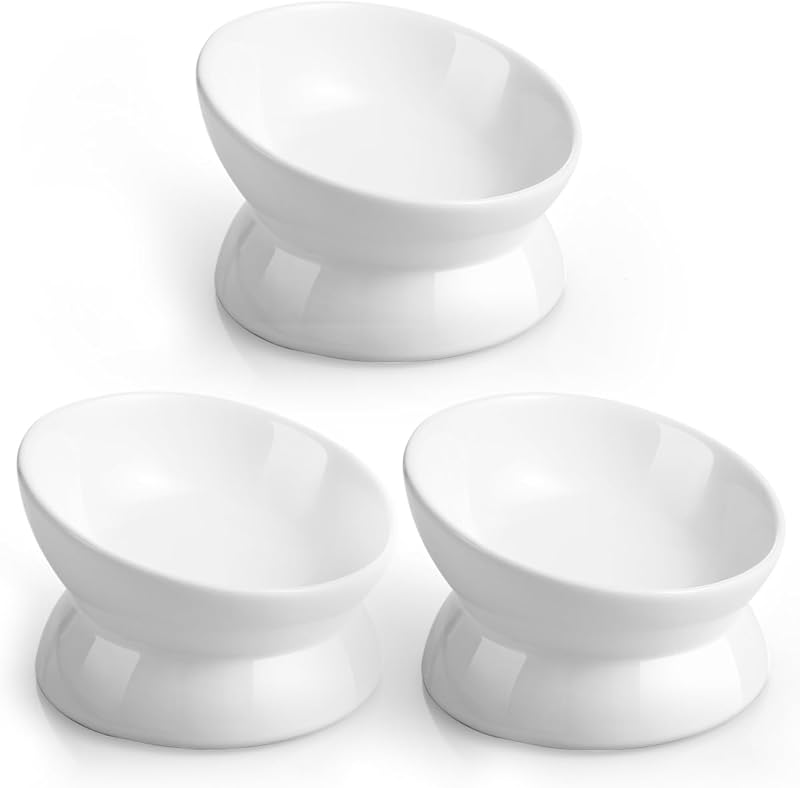 Pote Elevado e Inclinado de Cerâmica para Gatos LoeJan, Branco, 3 Unidades