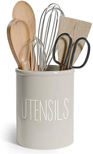 Barnyard Designs Ceramic Utensil Crock Holder for Kitchen Counter, Rustic Farmhouse Countertop Decor, French Country Organizer Caddy for Cooking Utensils, Taupe, 14 x 18cm