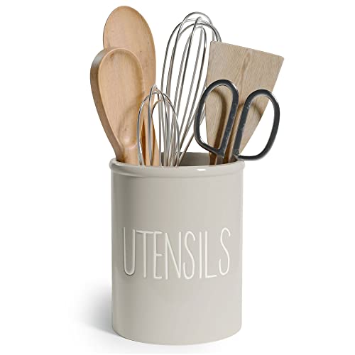 Barnyard Designs Ceramic Farmhouse Kitchen Utensil Holder For Countertop, Decorative , Large, Utensil Crock Spatula Holder, 7" Taupe #TOP6