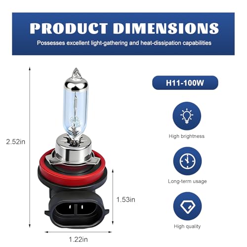 Rdxcv 2 PCS H11 Halogen Bulbs, 12V 100W Vehicle High/Low Beam Lighting Lamp Xenon Light Bulbs, Universal Halogen Headlight Bulb Replacement for Car Truck SUV, Car Accessories