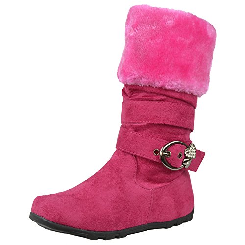 Kids Mid Calf Boots Fur Cuff Heart Buckle Accent Casual Comfort Shoes Pink