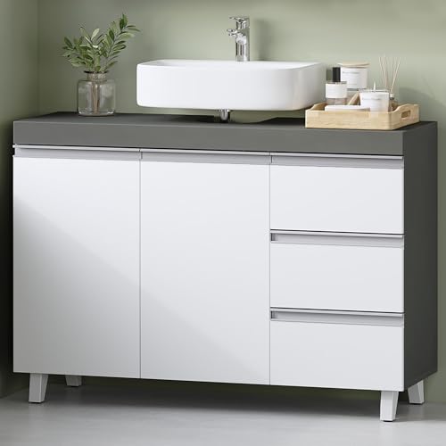 Hzuaneri Meuble sous Lavabo, Meuble sous Vasque, Salle de Bain, 2 Portes, 3 tiroirs, Rangement Spacieux, Autoportan, 30 x 90 x 64 cm, Gris Ciment et Blanc Nuage, BC29929X