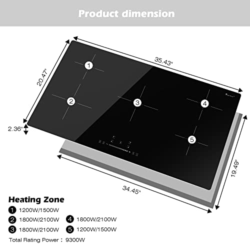 Singlehomie 36 Inch Induction Cooktop With 5 Boost Burners, Built-In Electric Stove Top Hob, 9 Power Levels, Sensor Touch Control, Child Safety Lock, 1-99 Minutes Timer, 240V #TOP6
