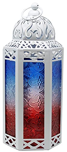 VELA LANTERNS 10.5" Moroccan Lamp Lantern Decorative Candle Holder for Indoor Outdoor Home Decor, Patio, Weddings, Red/White/Blue Glass, Medium