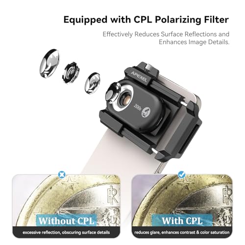 Image of APEXEL 3-in-1 Phone Microscope Lens, PhoneMicro 5 Series 100X /150X /200X Phone Micro Lens for Android /iPhone with LED Light /CPL /Universal Clip, Phone Lens Attachment Mini Pocket Microscope Camera
