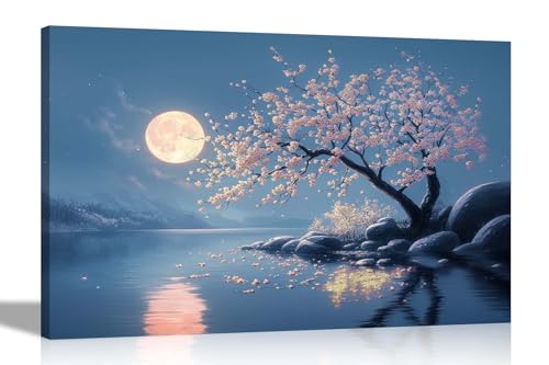 Artley Prints - Full Moon White Blossom lake Tree Canvas Pictures for Wall Modern Framed Oil Painting Prints Home Conservatory 51 x 35cm (20 x 14 inches)