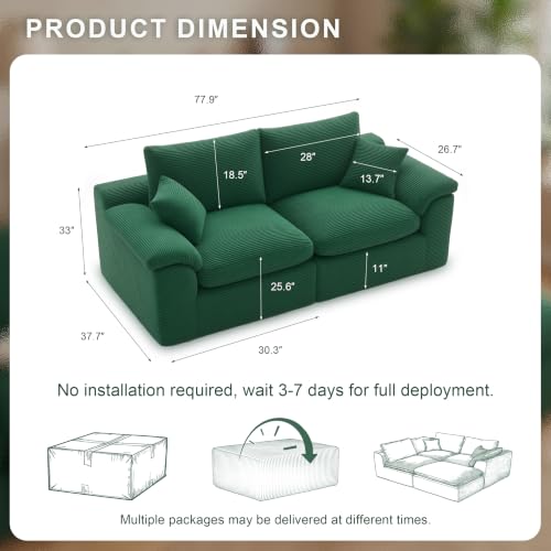 Image of 78 inch Loveseat Sofa, Small Boneless Couch for Living Room, Green