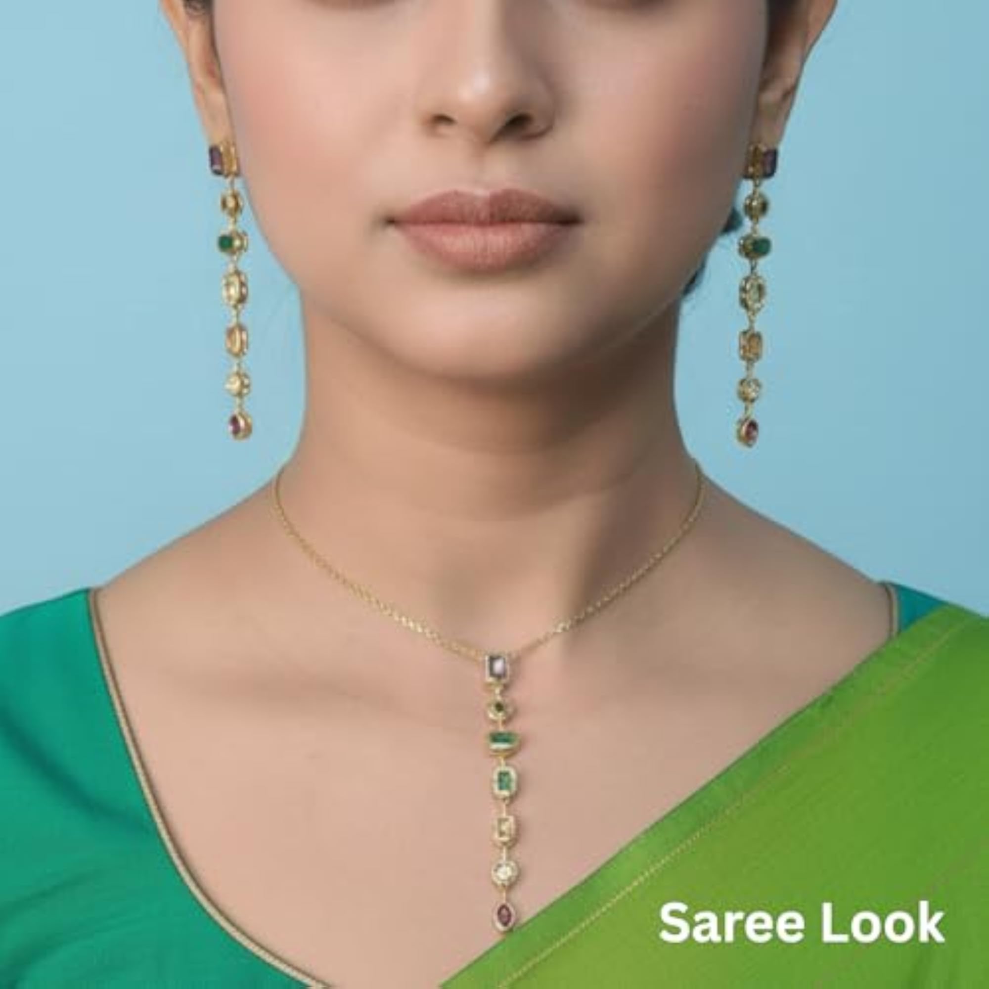 Women's Gold-Plated Multi Colour American Diamond Earrings and Necklace Set