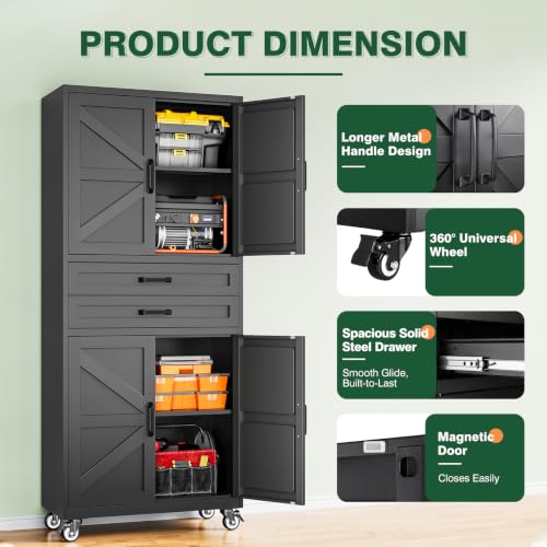Image of Letaya Metal Garage Storage Cabinets with Wheels,Black Rolling Tool Cabinet