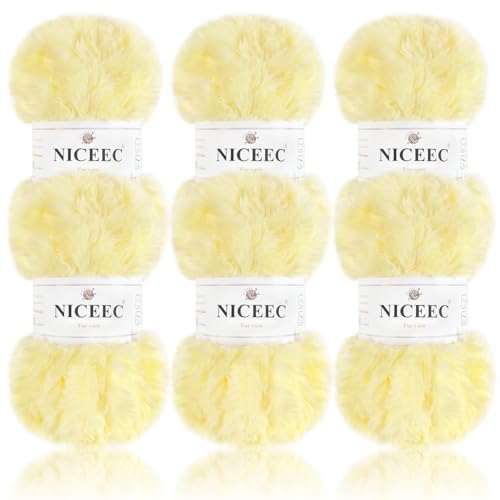 Image of NICEEC Faux Fur Yarn Super Soft, Chunky & Fluffy, Eyelash Yarn for Crochet & Knitting(Total Length 210yds /10.6oz) - Light Yellow /300g