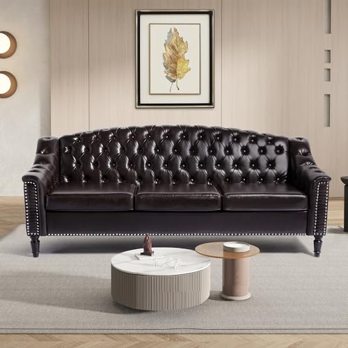LEVNARY Mid-Century Modern Leather Couch, 80" Large Upholstered Sofa with High Back, Chesterfield Sofa Sleeper Settee with Solid Wood Legs, Tufted 3 Seater Wide Couches for Living Room Office (Brown)