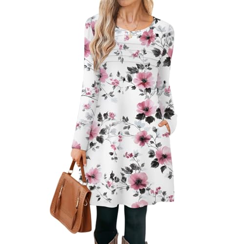 CUKOLSXA-Women-Fall-Dresses-Long-Sleeve-Round-Neck-Office-Dresses-for-Women-Flower-Printed-Fall-Loose-Pleated-Front-Dress-with-Pocket-White-S