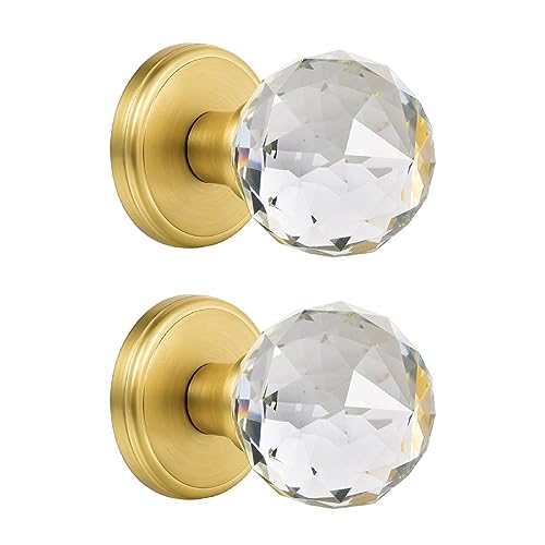 CLCTK 2 Pack Crystal Glass Dummy Door Knobs, Inactive Round Half-Dummy Door Knob Set, Single Side, Satin Brass by CLCTK - Used condition - US$29.79