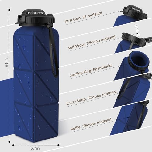INNERNEED Collapsible Drinking Water Bottle with Straw, Reuseable Leakproof BPA Free Silicone Foldable Sports Gym Bottle, with Carrying Strap (1pack, Dark Blue) - Image 4