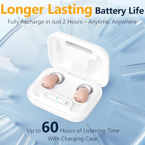 Hearing Aids for Seniors, Mini Rechargeable and Long-Lasting Invisible IN-THE-EAR Hearing Aids with Noise Cancelling, Customizable Listening Experience and Easy Control (Beige)