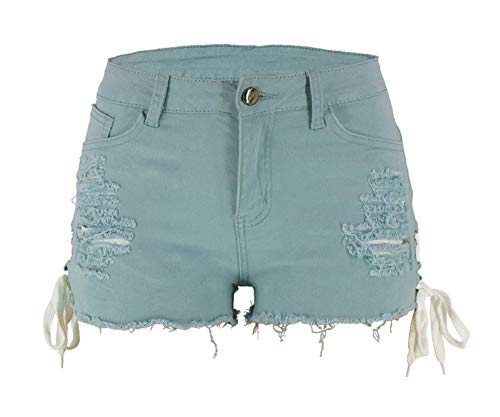 chouyatou Women's High Waist Perfect Butt-Lifting Destroyed Hole Fringed Denim Short Drawstring Slit